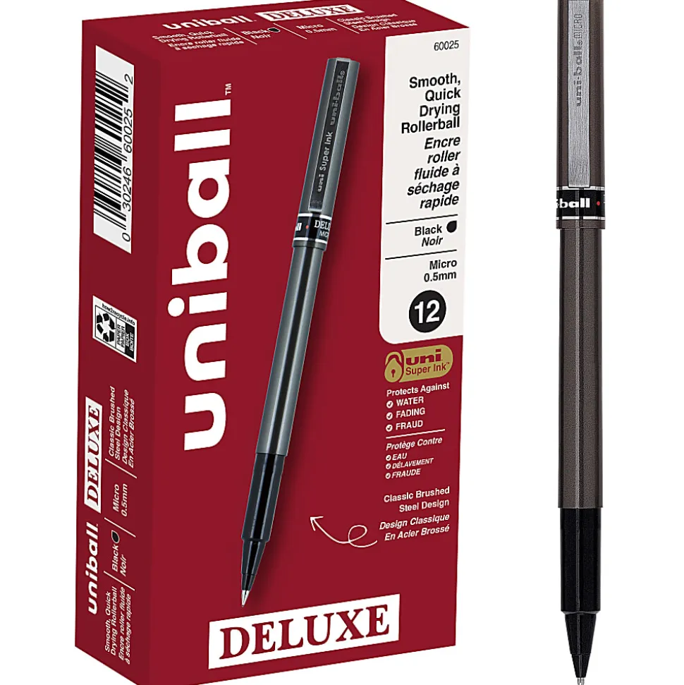 uni-ball® Deluxe Rollerball Pens, Micro Point, 0.5 mm, Charcoal Barrel, Black Ink, Pack Of 12