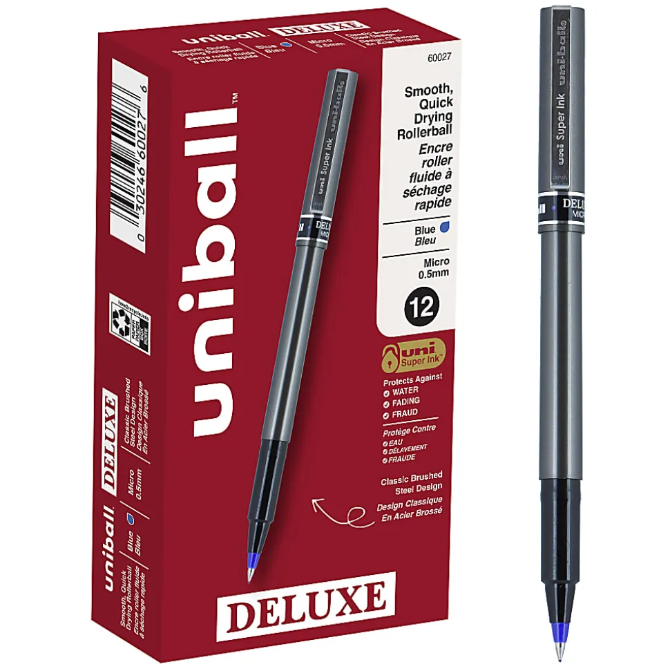 uni-ball® Deluxe Rollerball Pens, Micro Point, 0.5 mm, Charcoal Barrel, Blue Ink, Pack Of 12