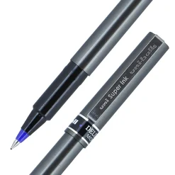 uni-ball® Deluxe Rollerball Pens, Micro Point, 0.5 mm, Charcoal Barrel, Blue Ink, Pack Of 12