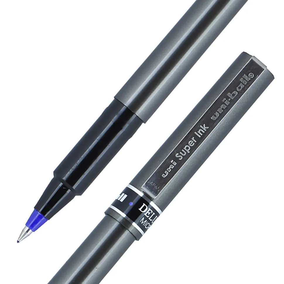 uni-ball® Deluxe Rollerball Pens, Micro Point, 0.5 mm, Charcoal Barrel, Blue Ink, Pack Of 12