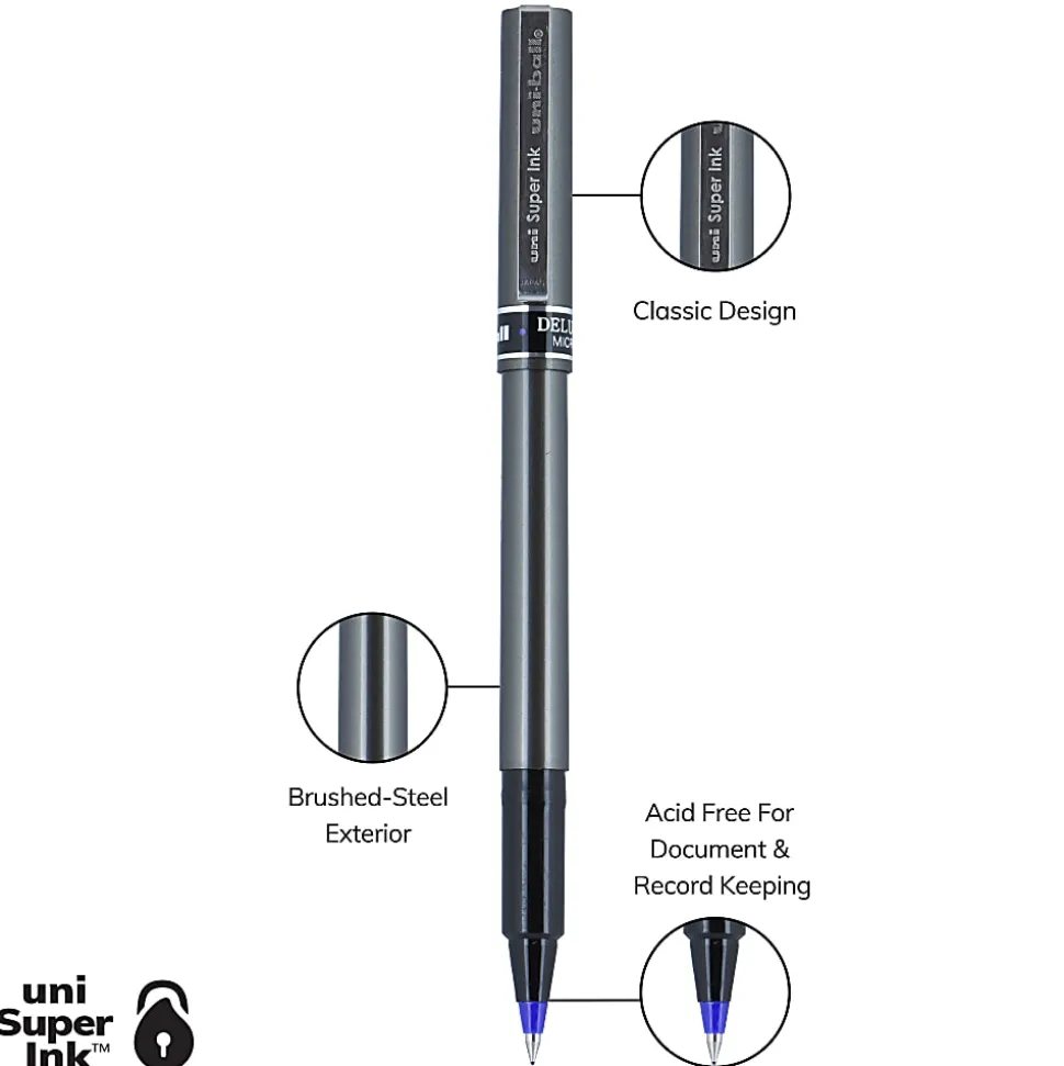 uni-ball® Deluxe Rollerball Pens, Micro Point, 0.5 mm, Charcoal Barrel, Blue Ink, Pack Of 12