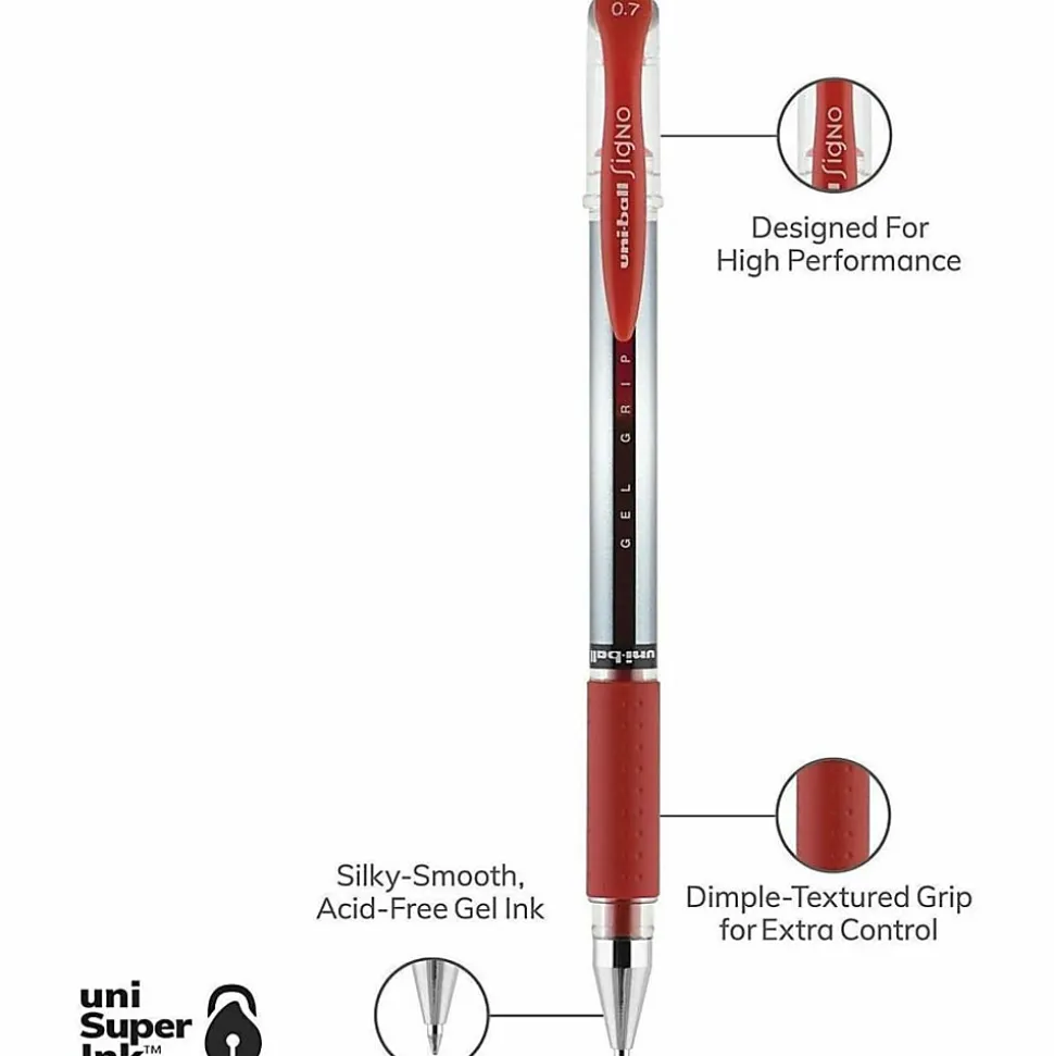 uni-ball® Gel Grip™ Pens, Medium Point, 0.7 mm, Clear Barrel, Red Ink, Pack Of 12