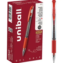 uni-ball® Gel Grip™ Pens, Medium Point, 0.7 mm, Clear Barrel, Red Ink, Pack Of 12