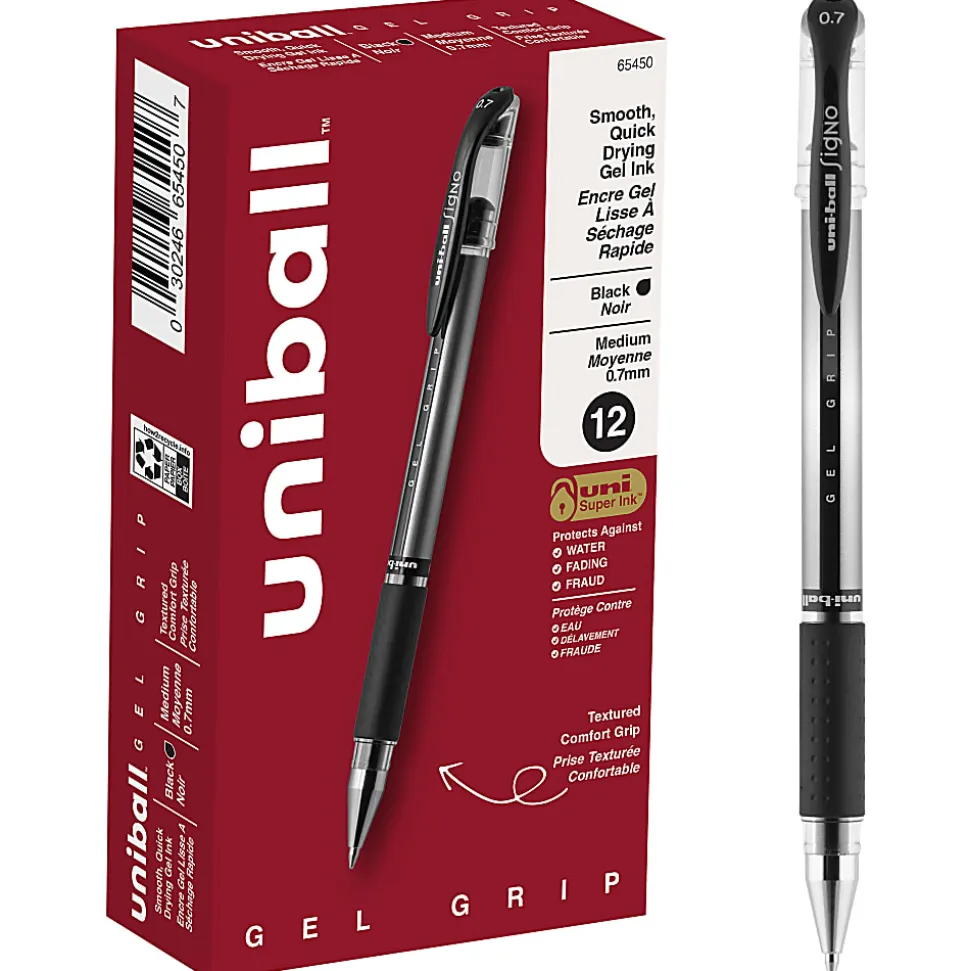uni-ball® Gel Grip™ Pens, Medium Point, 0.7 mm, Clear Barrel, Black Ink, Pack Of 12