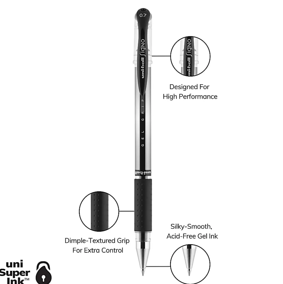 uni-ball® Gel Grip™ Pens, Medium Point, 0.7 mm, Clear Barrel, Black Ink, Pack Of 12