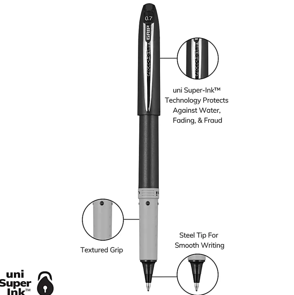 uni-ball® Grip Rollerball Pens, Fine Point, 0.7 mm, Black Barrel, Black Ink, Pack Of 12