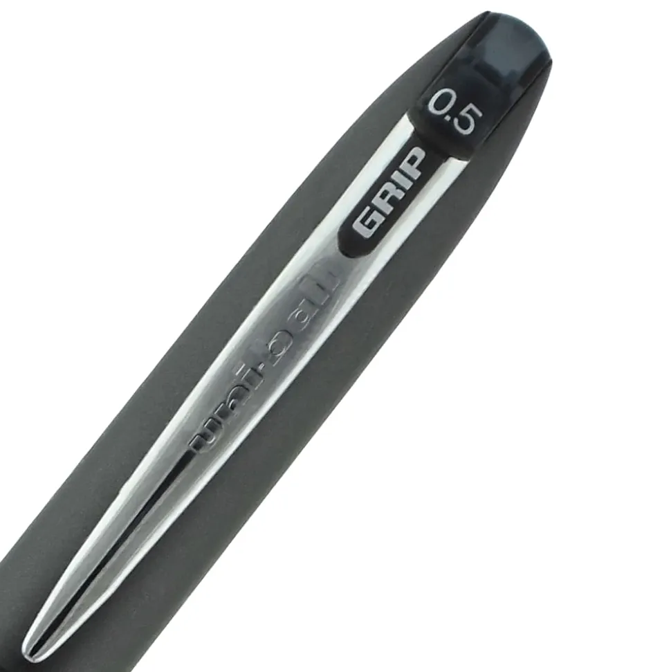 uni-ball® Grip Rollerball Pens, Micro Point, 0.5 mm, Black Barrels, Black Ink, Pack Of 12