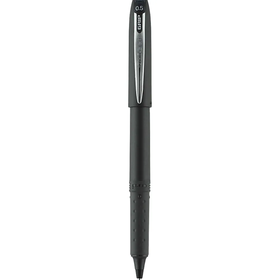 uni-ball® Grip Rollerball Pens, Micro Point, 0.5 mm, Black Barrels, Black Ink, Pack Of 12