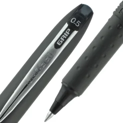 uni-ball® Grip Rollerball Pens, Micro Point, 0.5 mm, Black Barrels, Black Ink, Pack Of 12