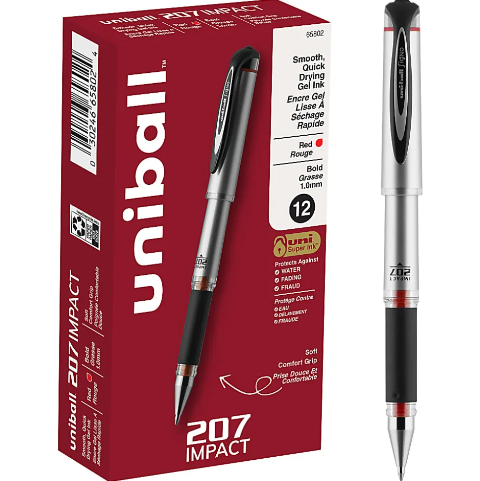 uni-ball® 207™ Impact™ Gel Pens, Bold Point, 1.0 mm, Red Gray Barrel, Red Ink, Pack Of 12