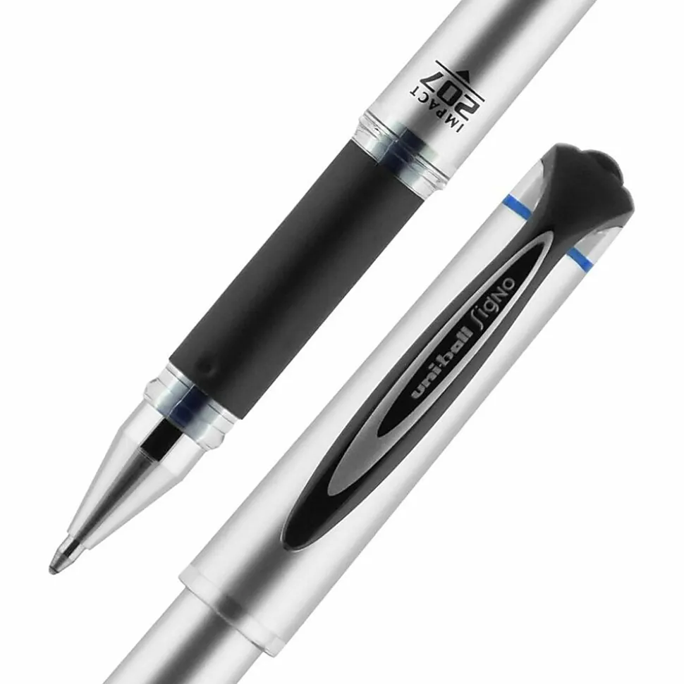 uni-ball® 207™ Impact™ Gel Pens, Bold Point, 1.0 mm, Blue; Gray Barrel, Blue Ink, Pack Of 12