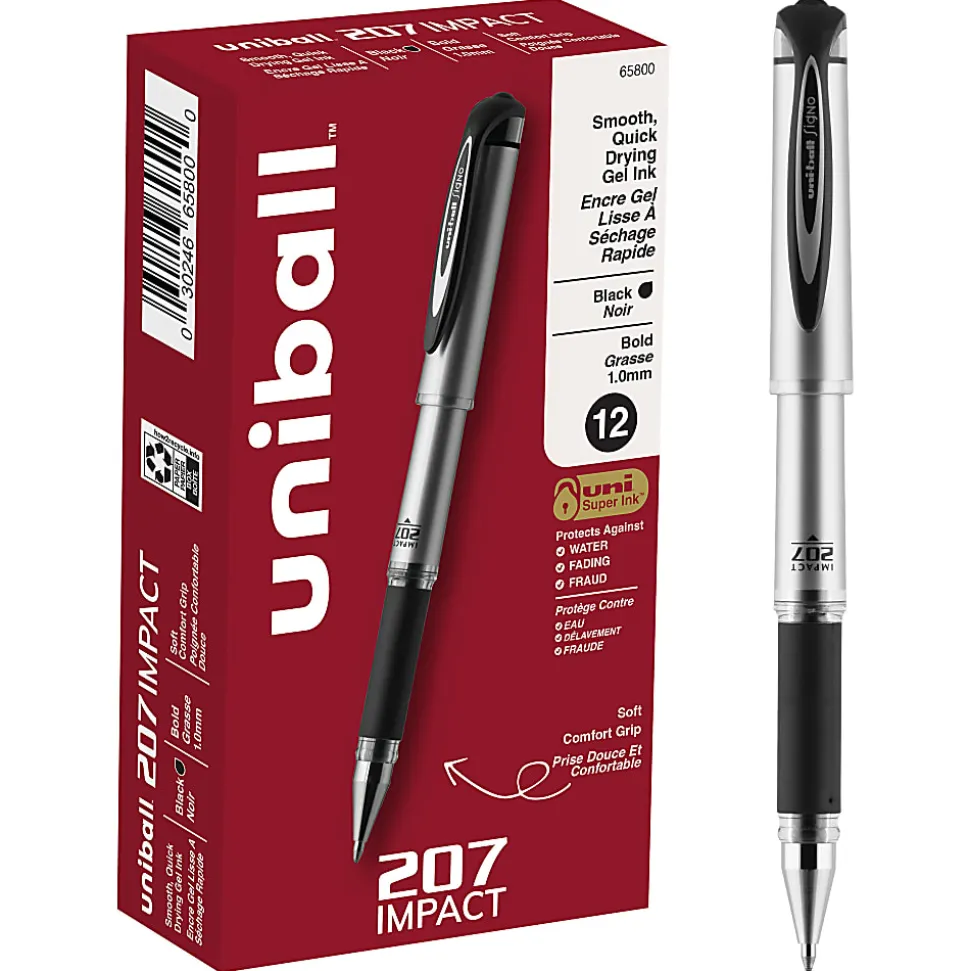 uni-ball® 207™ Impact™ Gel Pens, Bold Point, 1.0 mm, Black; Gray Barrel, Black Ink, Pack Of 12