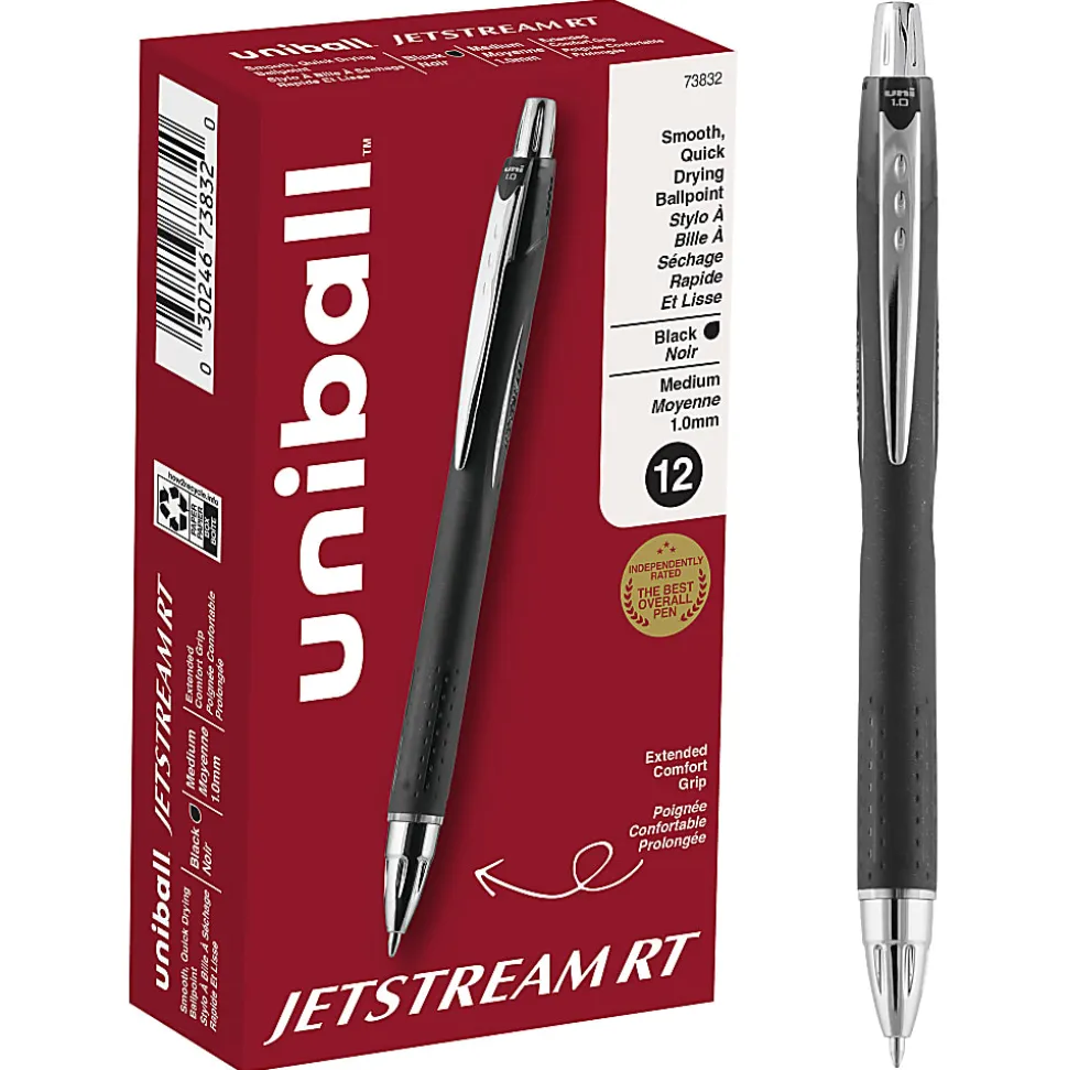uniball® Jetstream™ RT Retractable Ballpoint Pens, Medium Point, 1.0 mm, Black Ink, Pack of 12