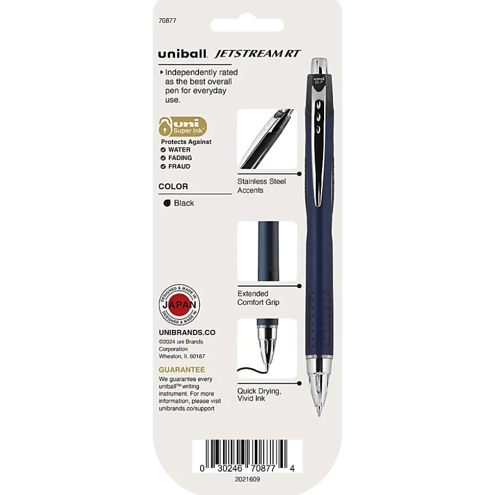 uniball® Jetstream™ RT Retractable Ballpoint Pens, Fine Point, 0.7 mm, Blue Barrel, Black Ink, Pack Of 3