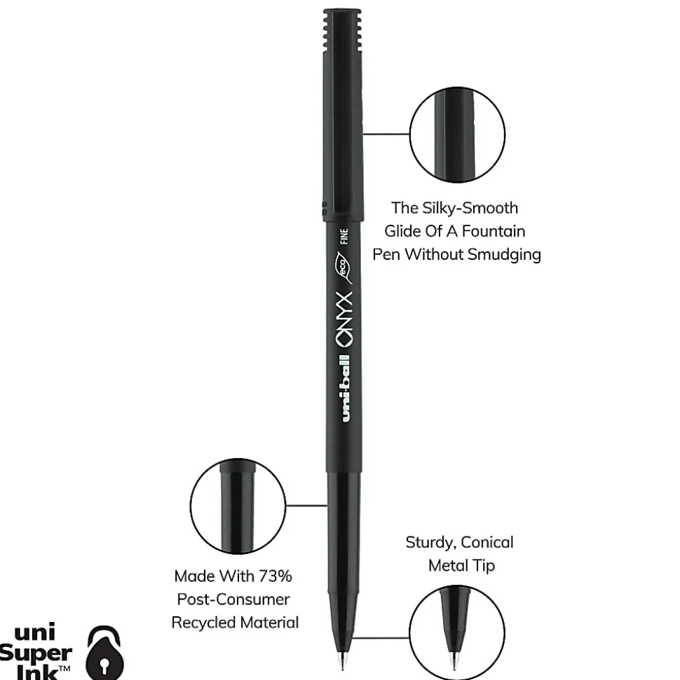 uni-ball® Onyx® Rollerball Pens, Fine Point, 0.7 mm, Black Barrel, Black Ink, Pack Of 12