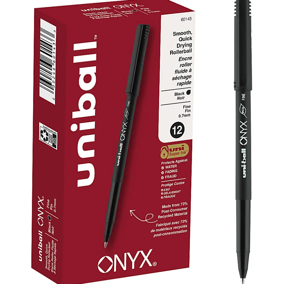 uni-ball® Onyx® Rollerball Pens, Fine Point, 0.7 mm, Black Barrel, Black Ink, Pack Of 12