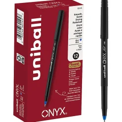 uni-ball® Onyx® Rollerball Pens, Fine Point, 0.7 mm, Black Barrel, Blue Ink, Pack Of 12