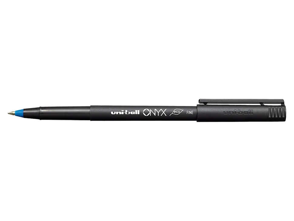 uni-ball® Onyx® Rollerball Pens, Fine Point, 0.7 mm, Black Barrel, Blue Ink, Pack Of 12