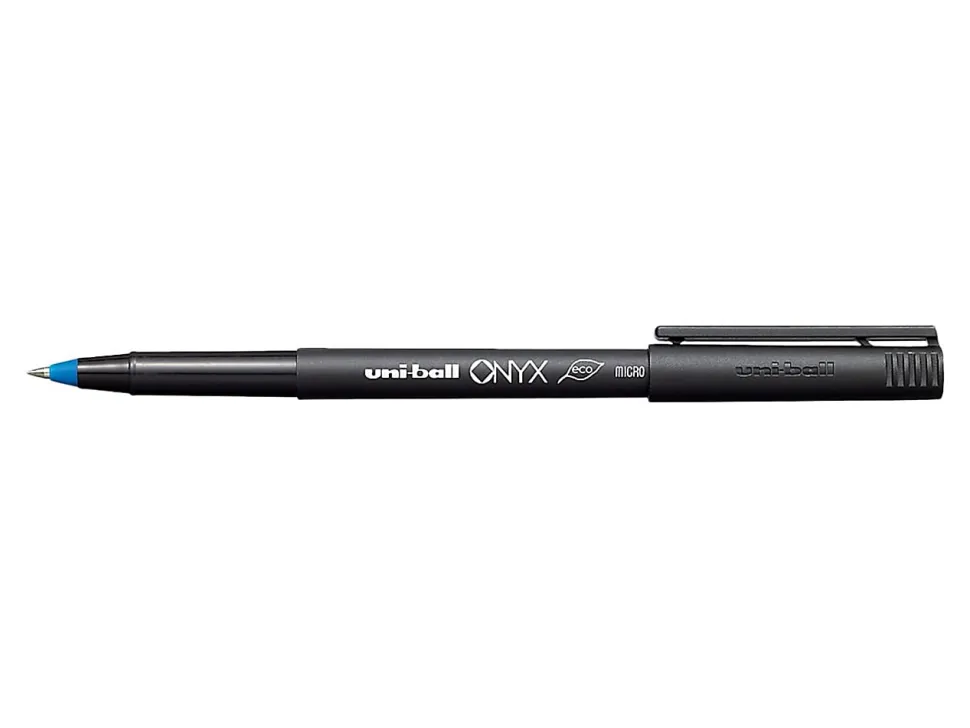 uni-ball® Onyx® Rollerball Pens, Micro Point, 0.5 mm, Black Barrel, Blue Ink, Pack Of 12