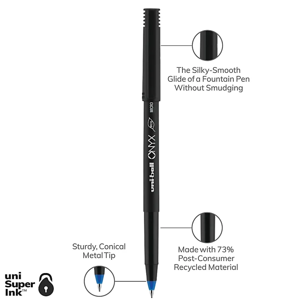 uni-ball® Onyx® Rollerball Pens, Micro Point, 0.5 mm, Black Barrel, Blue Ink, Pack Of 12