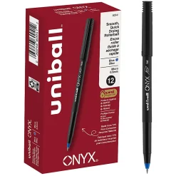 uni-ball® Onyx® Rollerball Pens, Micro Point, 0.5 mm, Black Barrel, Blue Ink, Pack Of 12