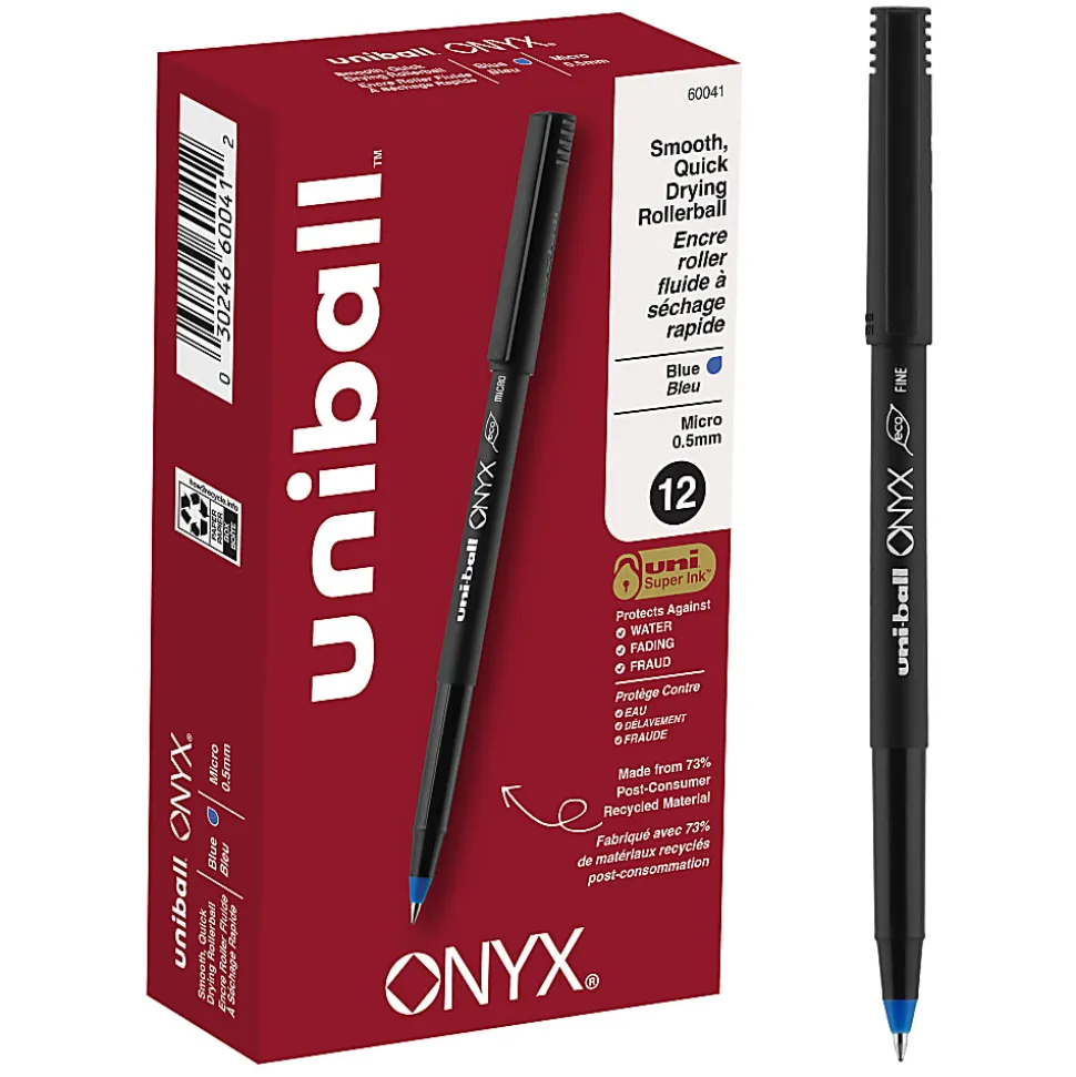 uni-ball® Onyx® Rollerball Pens, Micro Point, 0.5 mm, Black Barrel, Blue Ink, Pack Of 12