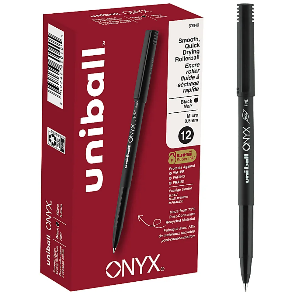 uni-ball® Onyx® Rollerball Pens, Micro Point, 0.5 mm, Black Barrel, Black Ink, Pack Of 12