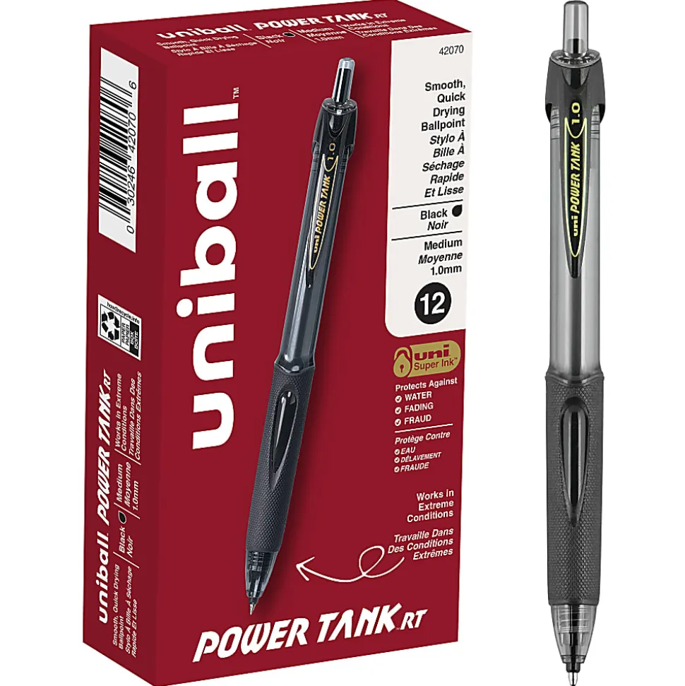Uni-Ball Power Tank Retractable Ballpoint Pens, Pack Of 12, Broad Point, 1.0 mm, Black Barrel, Black Ink