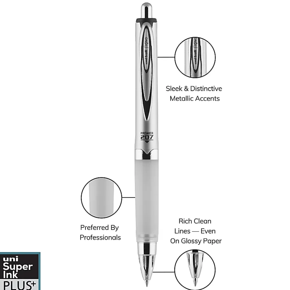 uni-ball® 207™ Premier Retractable Gel Pen, 0.7 mm, Medium Point, Silver Barrel, Black Ink