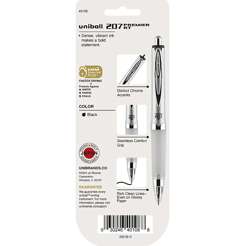 uni-ball® 207™ Premier Retractable Gel Pen, 0.7 mm, Medium Point, Silver Barrel, Black Ink