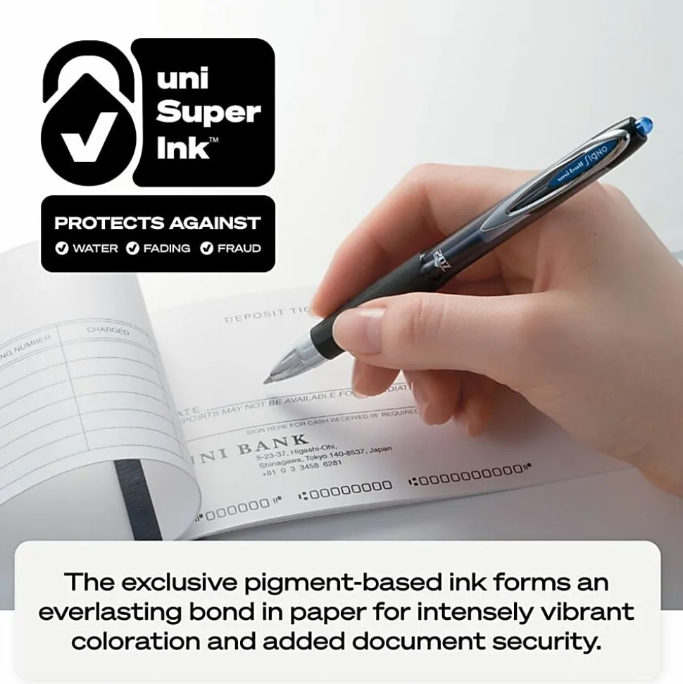 uni-ball® 207™ Retractable Fraud Prevention Gel Pens, Needle Point, 0.7 mm, Translucent Black Barrels, Black Ink, Pack Of 12