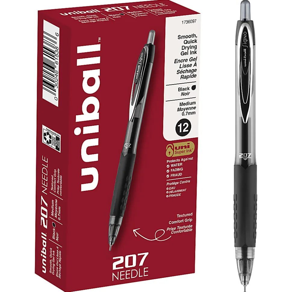 uni-ball® 207™ Retractable Fraud Prevention Gel Pens, Needle Point, 0.7 mm, Translucent Black Barrels, Black Ink, Pack Of 12
