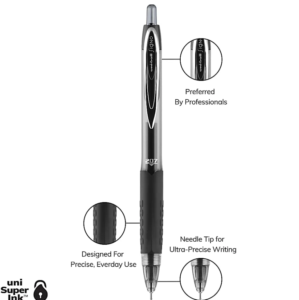 uni-ball® 207™ Retractable Fraud Prevention Gel Pens, Needle Point, 0.7 mm, Translucent Black Barrels, Black Ink, Pack Of 12