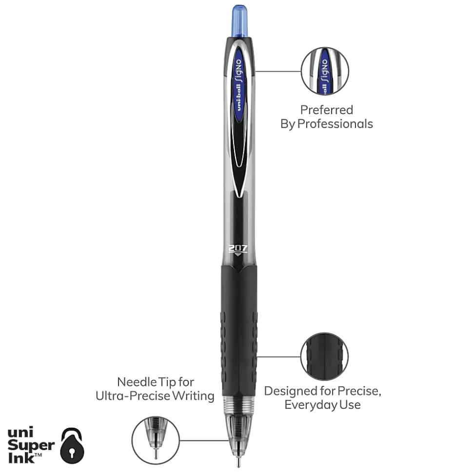 uni-ball® 207 Retractable Fraud Prevention Gel Pens, Medium Point, 0.7 mm, Black Barrel, Blue Ink, Pack Of 36