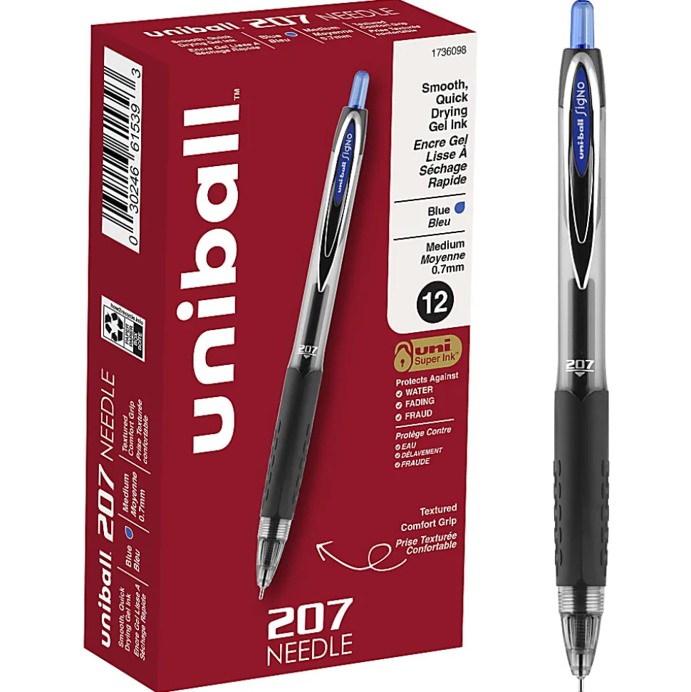 uni-ball® 207 Retractable Fraud Prevention Gel Pens, Medium Point, 0.7 mm, Black Barrel, Blue Ink, Pack Of 36