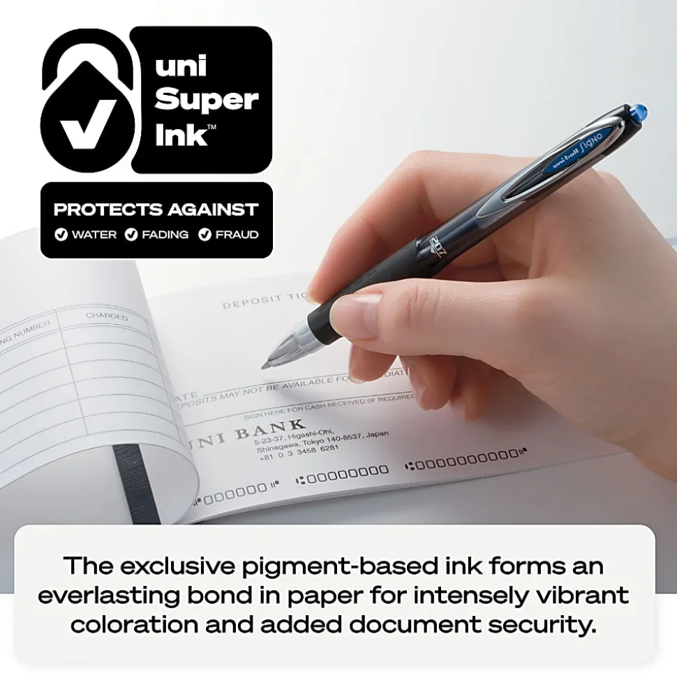 uni-ball® 207 Retractable Fraud Prevention Gel Pens, Medium Point, 0.7 mm, Black Barrel, Blue Ink, Pack Of 36