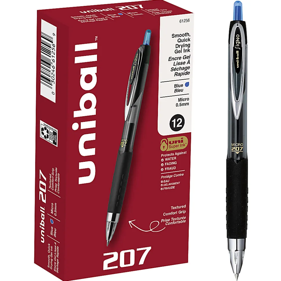 uni-ball® 207™ Retractable Fraud Prevention Gel Pens, Micro Point, 0.5 mm, Black Barrels, Blue Ink, Pack Of 12