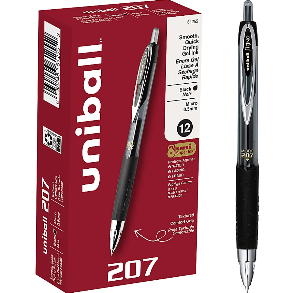 uni-ball® 207™ Retractable Fraud Prevention Gel Pens, Micro Point, 0.5 mm, Black Barrels, Black Ink, Pack Of 12