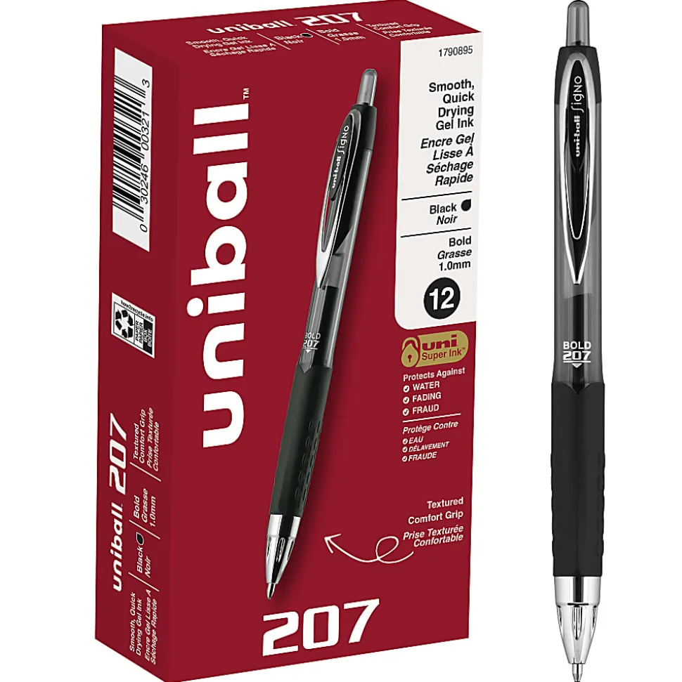 uni-ball® 207™ Retractable Fraud Prevention Gel Pens, Medium Point, 0.7 mm, Black Barrels, Assorted Ink Colors, Pack Of 4 Pens