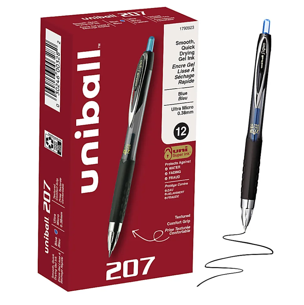 uniball™ 207 Retractable Gel Pens, 0.38mm Ultra Micro Point, Blue Ink, 12 Count