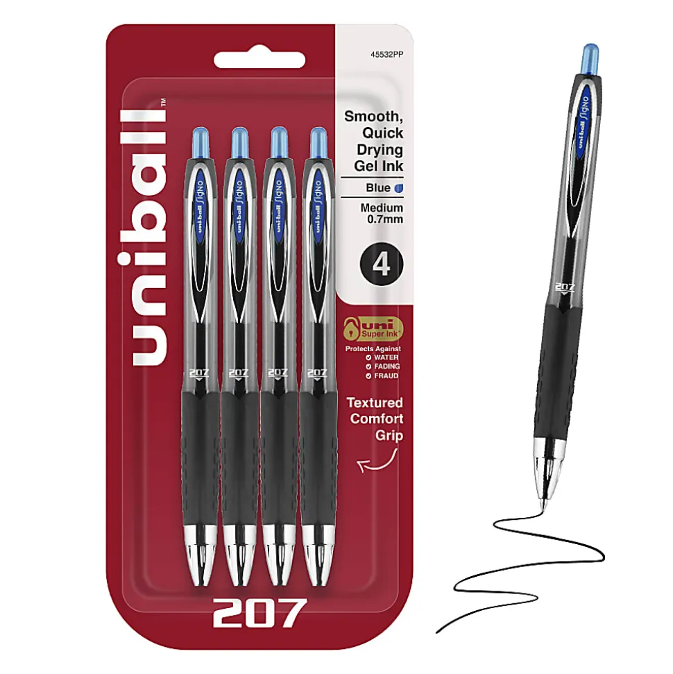 uniball™ 207 Retractable Gel Pens, 0.7mm Medium Point, Blue Ink, 4 Count