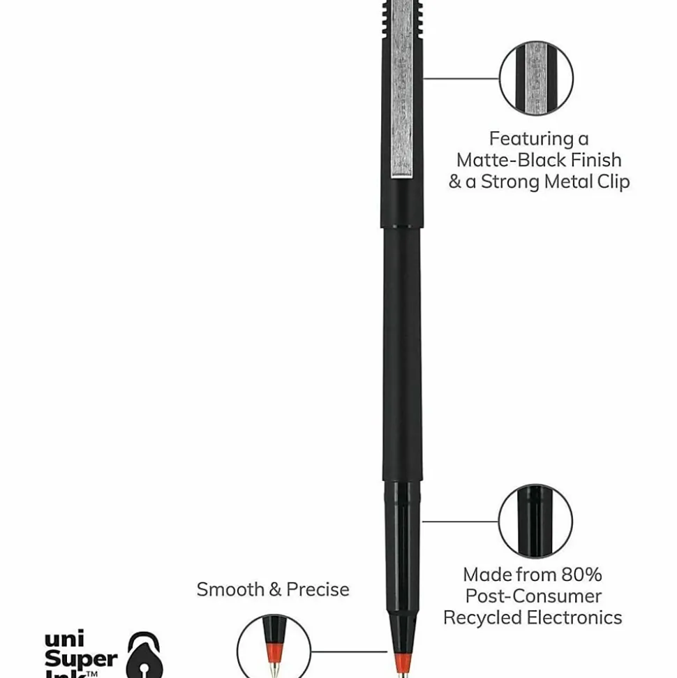 uni-ball® Rollerball™ Pens, Micro Point, 0.5 mm, 80% Recycled, Black Barrel, Red Ink, Pack Of 12 Pens