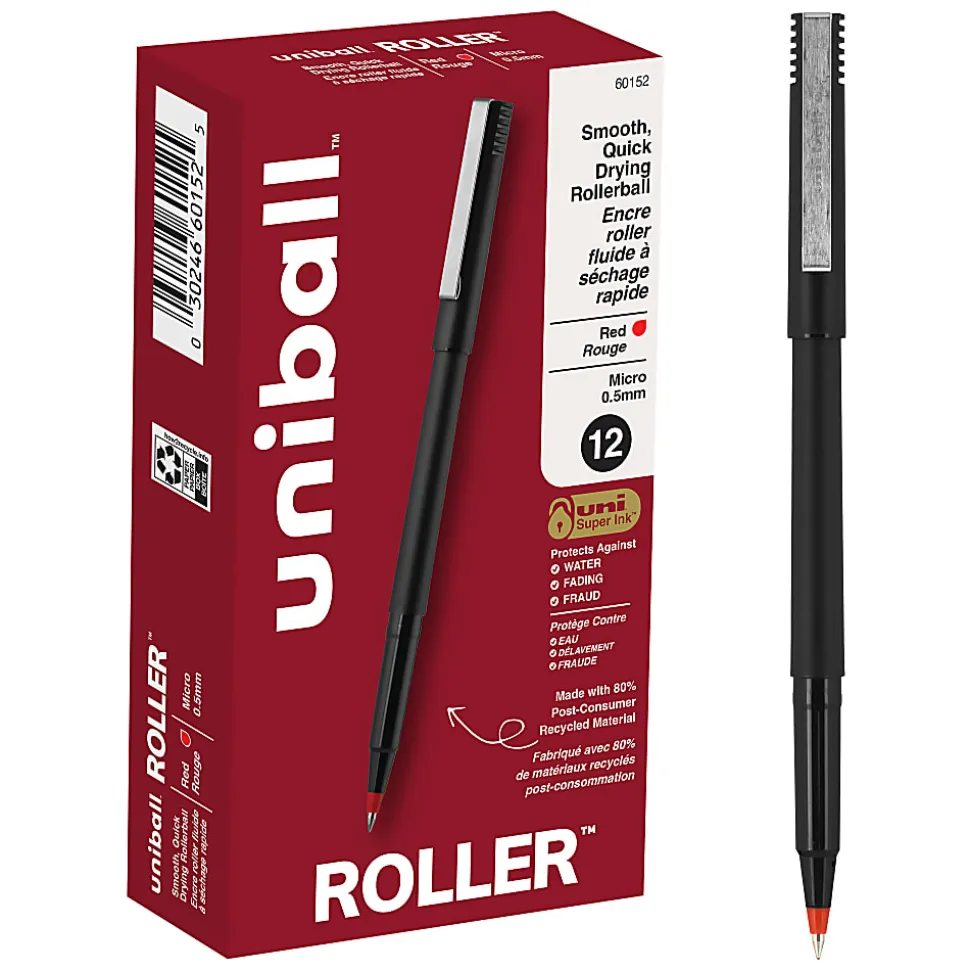 uni-ball® Rollerball™ Pens, Micro Point, 0.5 mm, 80% Recycled, Black Barrel, Red Ink, Pack Of 12 Pens