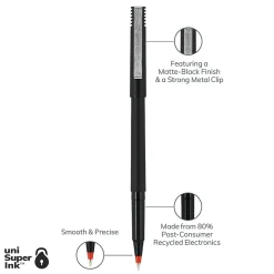 uni-ball® Rollerball™ Pens, Micro Point, 0.5 mm, 80% Recycled, Black Barrel, Red Ink, Pack Of 12 Pens