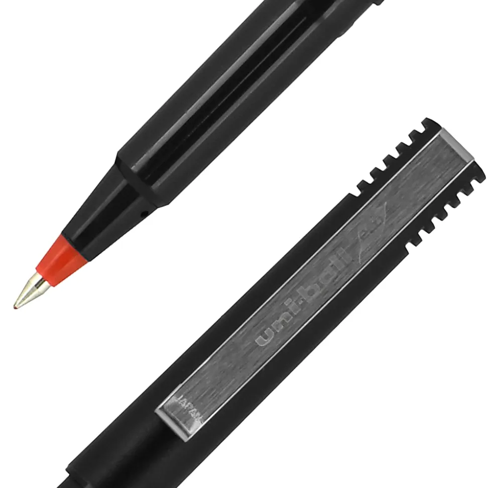 uni-ball® Rollerball™ Pens, Micro Point, 0.5 mm, 80% Recycled, Black Barrel, Red Ink, Pack Of 12 Pens
