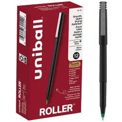 uni-ball® Rollerball™ Pens, Micro Point, 0.5 mm, 80% Recycled, Black Barrel, Green Ink, Pack Of 12 Pens