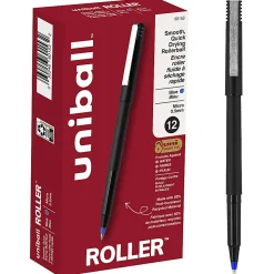 uni-ball® Rollerball™ Pens, Micro Point, 0.5 mm, 80% Recycled, Black Barrel, Blue Ink, Pack Of 12 Pens