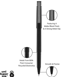 uni-ball® Rollerball™ Pens, Micro Point, 0.5 mm, 80% Recycled, Black Barrel, Black Ink, Pack Of 12 Pens