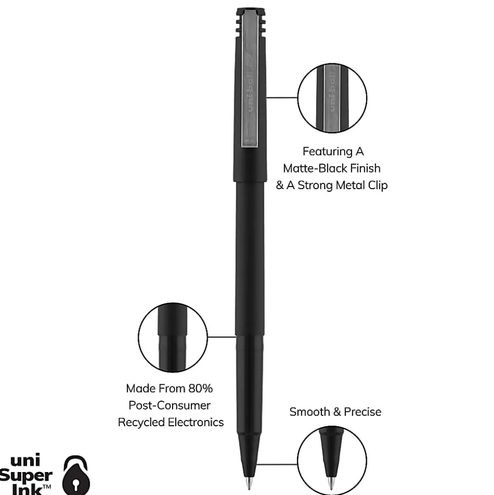 uni-ball® Roller Micro Pens, Micro Point, 0.5 mm, Black Barrel, Black Ink, Pack Of 36