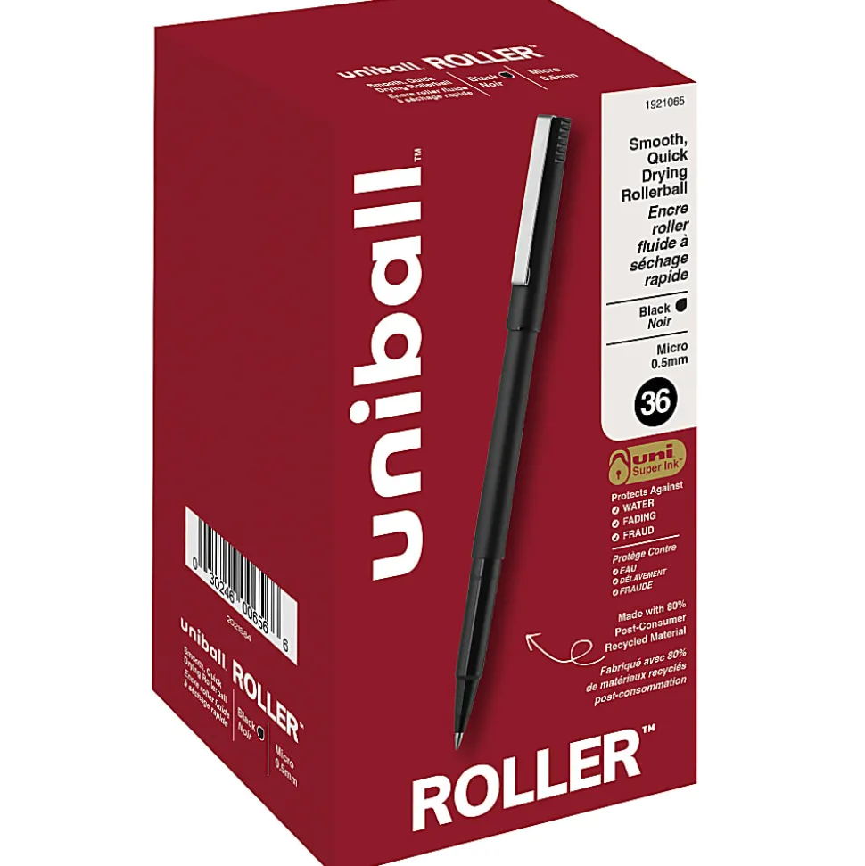 uni-ball® Roller Micro Pens, Micro Point, 0.5 mm, Black Barrel, Black Ink, Pack Of 36